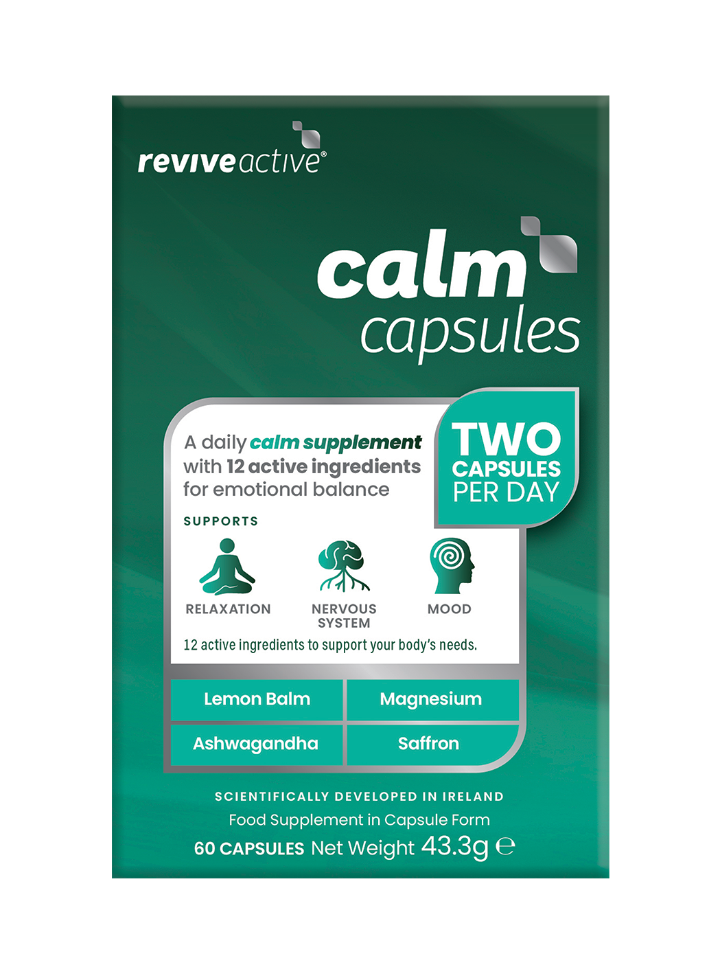 Front of a Revive Active Calm Capsules box, displaying product packaging with lemon balm and ashwagandha, available at Fisa Health.