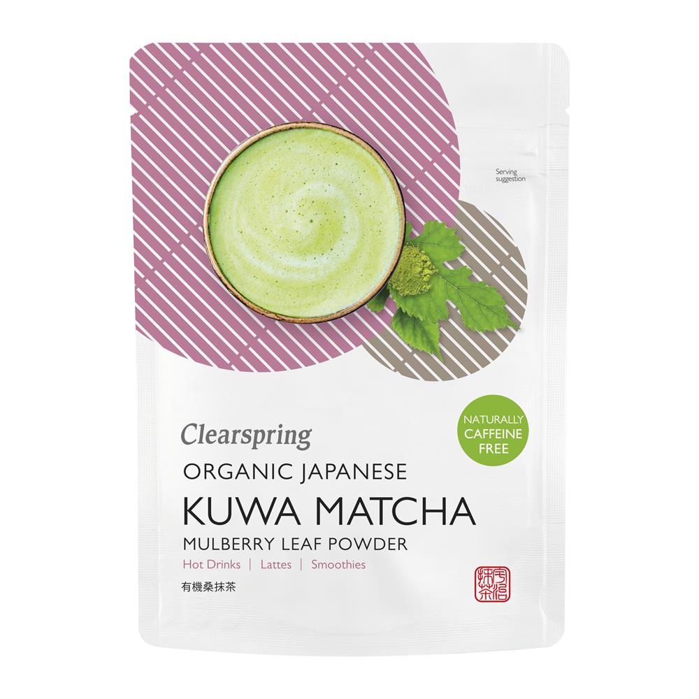 A white pouch of Clearspring OG Japanese Kuwa Matcha Powder 40g featuring a circular image of prepared green tea, available at Fisa Health.