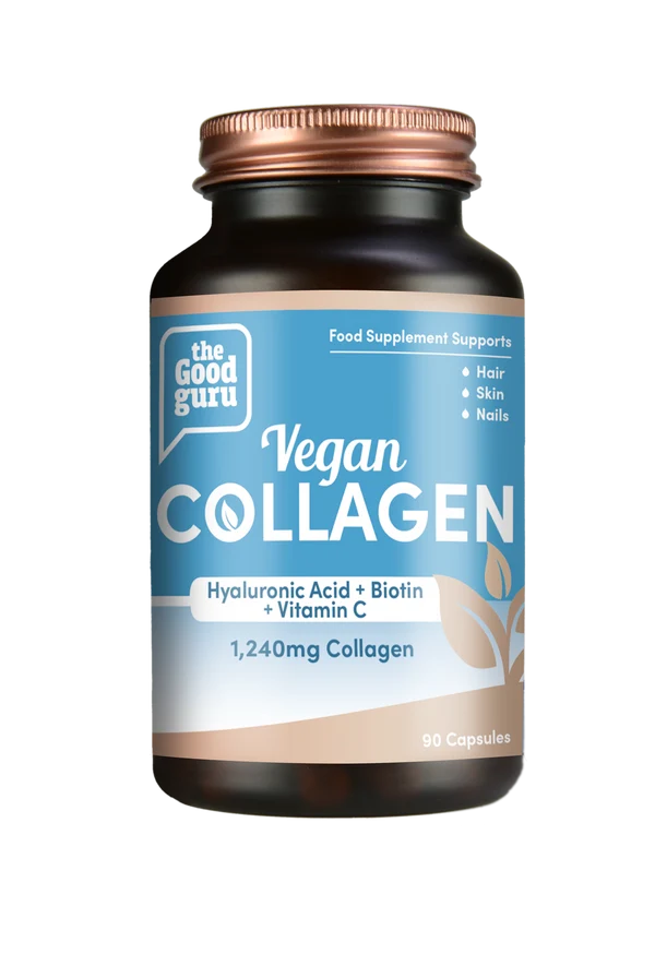 Amber bottle of The Good Guru Vegan Collagen 90 Capsules in recyclable packaging, available at Fisa Health.