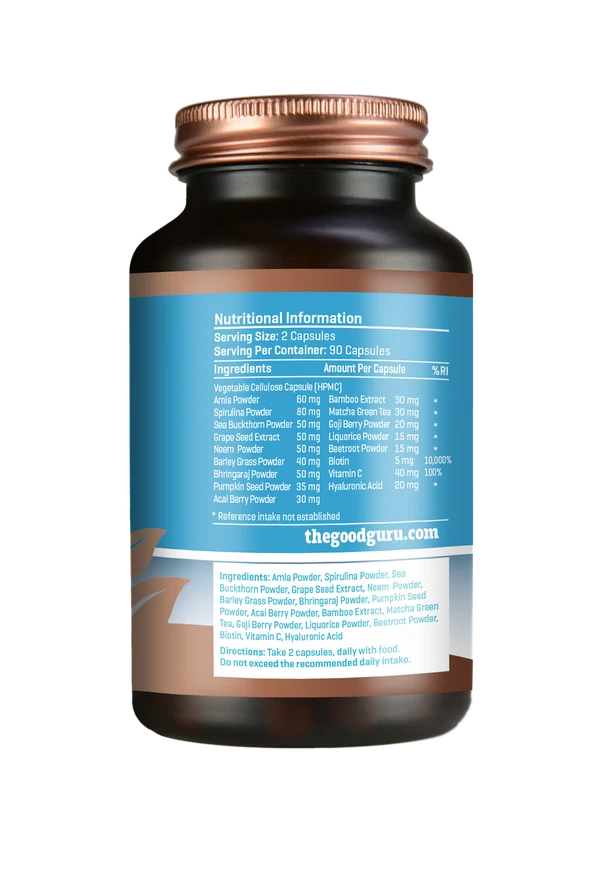 Brown bottle of The Good Guru Vegan Collagen 90 Capsules showing the nutritional information and ingredient list on the back of the recyclable packaging, available at Fisa Health.
