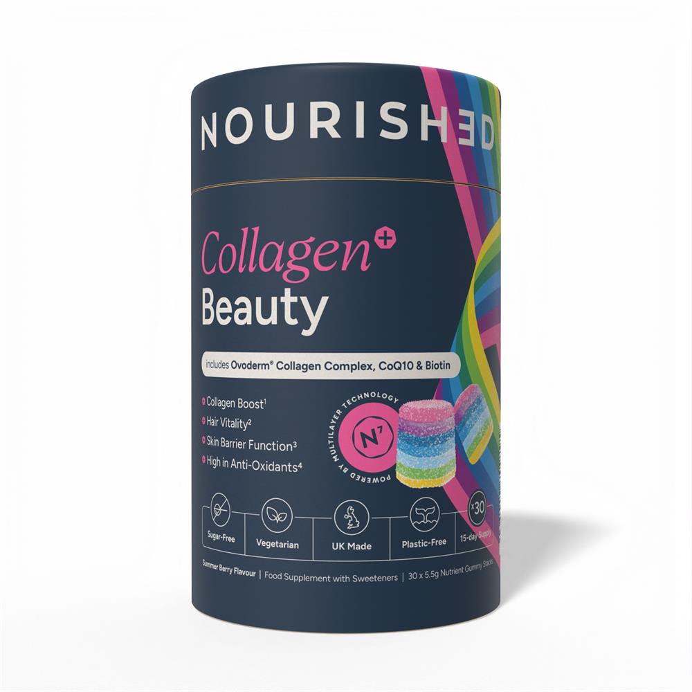 A vibrant box of Nourished Collagen+ Beauty Nutrient Stacks - 30 Gummies is shown alongside labeled features and antioxidants, available at Fisa Health.