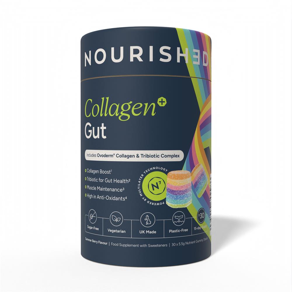 Nourished Collagen+ Gut Nutrient Stacks (30 gummies) in a rainbow, plastic-free, UK-made, sugar-free, vegetarian container, available at Fisa Health.