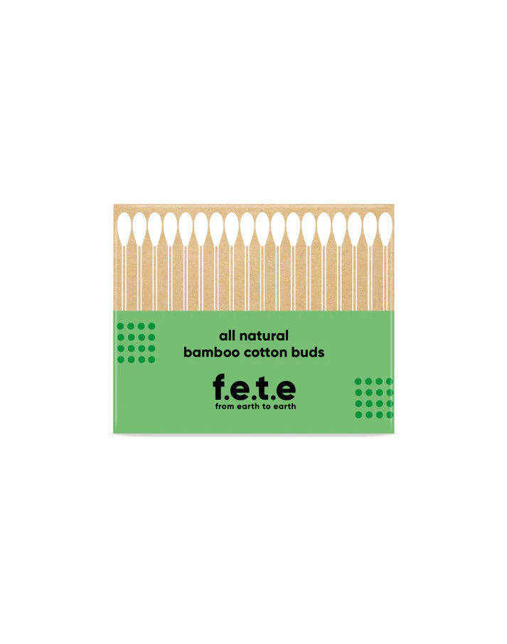A box of F.E.T.E. Bamboo Cotton Buds with a green and brown design displays the cotton tips through the packaging, available at Fisa Health.