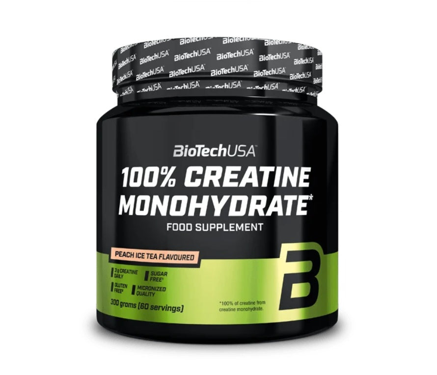 BioTechUSA 100% Creatine Monohydrate 300g, peach ice tea flavor, in a black container with white and yellow text, offering 60 servings, available at Fisa Health.