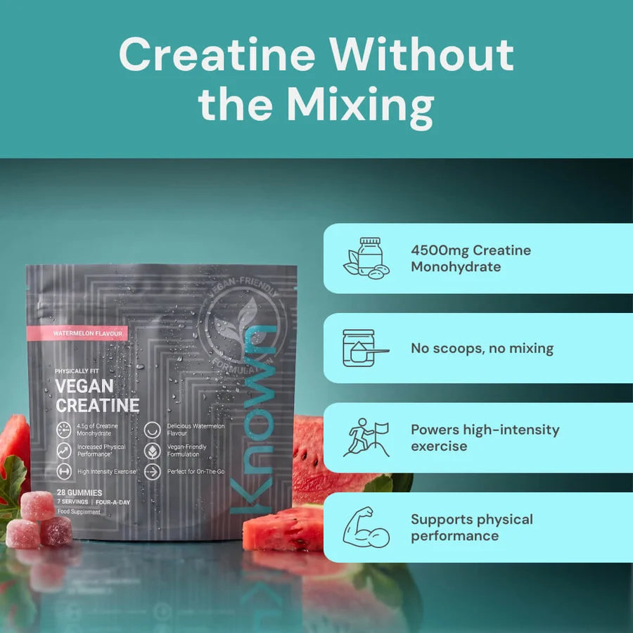 A pouch of Known Nutrition Vegan Creatine Gummies, 28 pack, 4.5g creatine monohydrate, displayed with sliced watermelon and product features, available at Fisa Health.