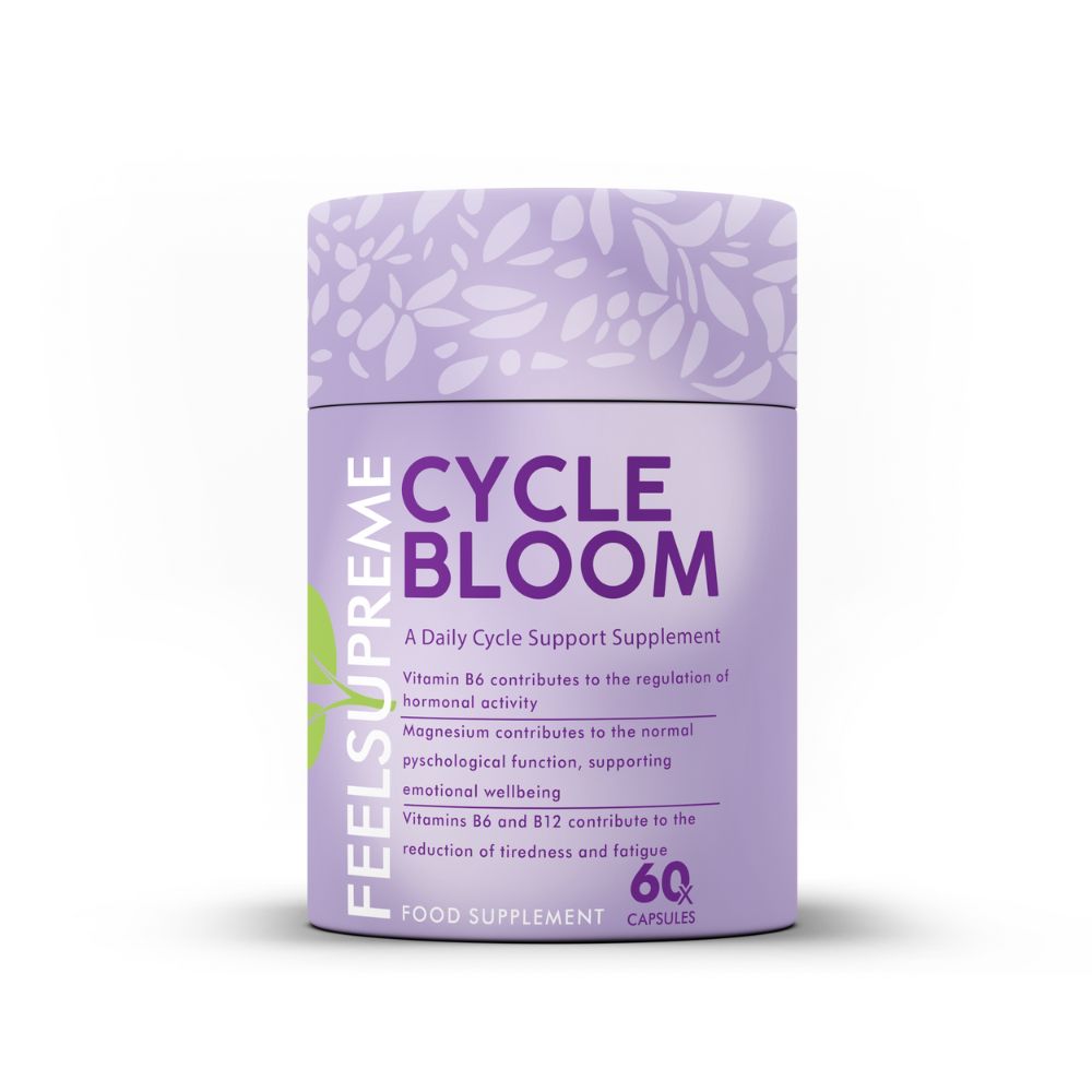 A purple Cycle Bloom container by Feel Supreme contains 60 capsules and features white leaf patterns, available at Fisa Health.