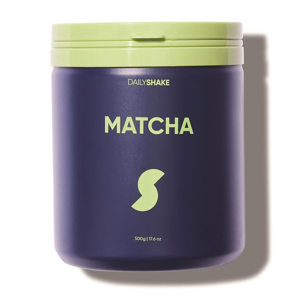 A dark purple Daily Shakes Matcha Meal Replacement Jar 500g with a light green lid is displayed on a white background, available at Fisa Health.