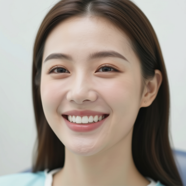 A young woman with long dark hair smiles, showing her teeth and wearing a light blue top. She is featured in a promotional image for Dental Care Bundle, available at Fisa Health.