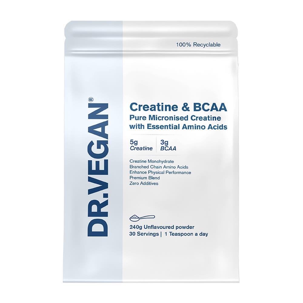 A white pouch labeled Dr Vegan Creatine (5g) & BCAA (3g) 30 servings displays product information and dosage details, available at Fisa Health.
