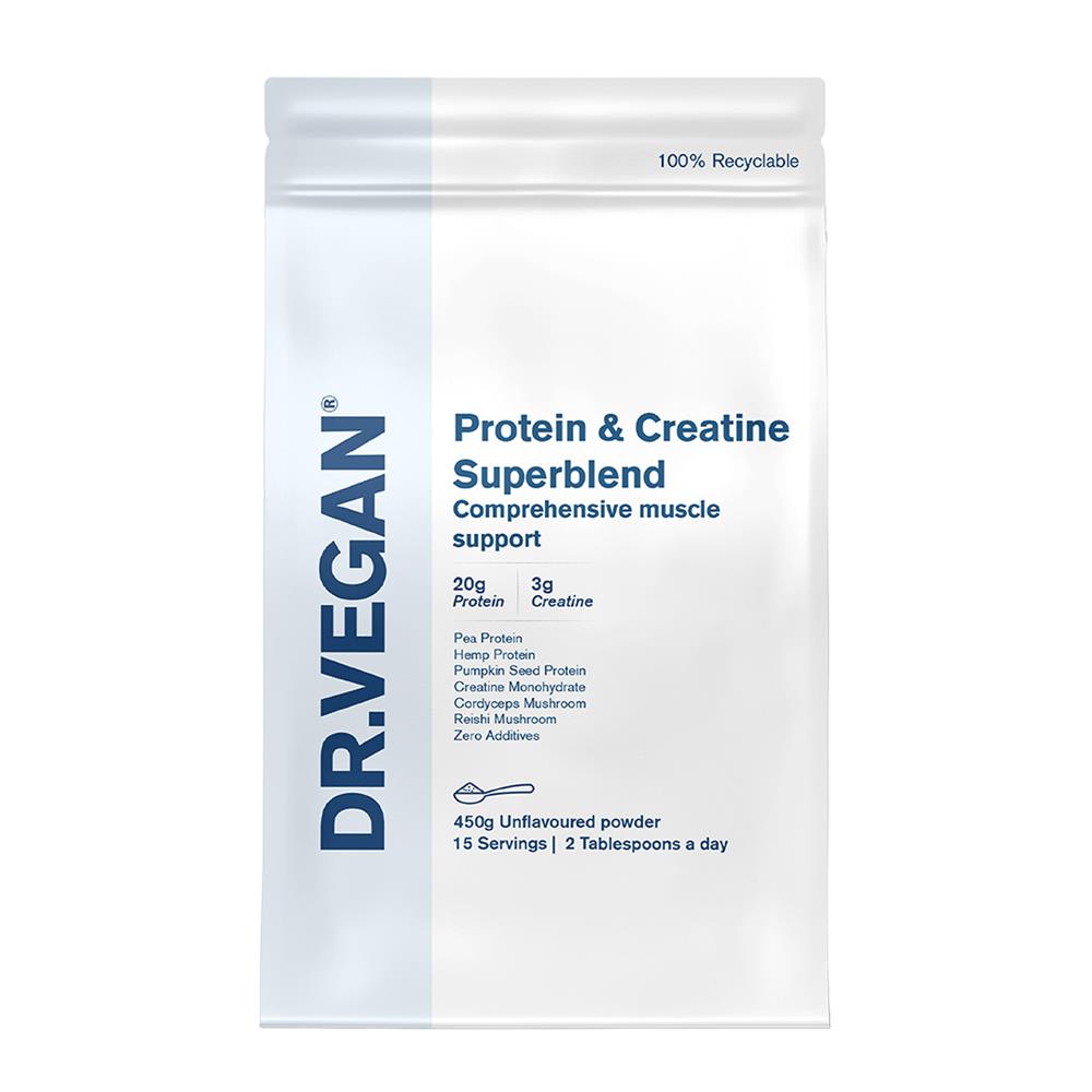 A white Dr Vegan Protein & Creatine Superblend 450g unflavoured bag displaying nutrition details and vegan protein with mushroom extracts, in 100% recyclable packaging, available at Fisa Health.