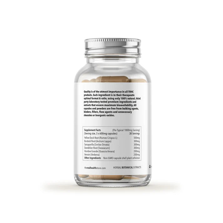 A clear bottle of Electric Iron Cell Food (Liver, Blood, Kidney) Nourish Formula with iron-rich herbs; supplement facts and ingredients appear on the back label, available at Fisa Health.