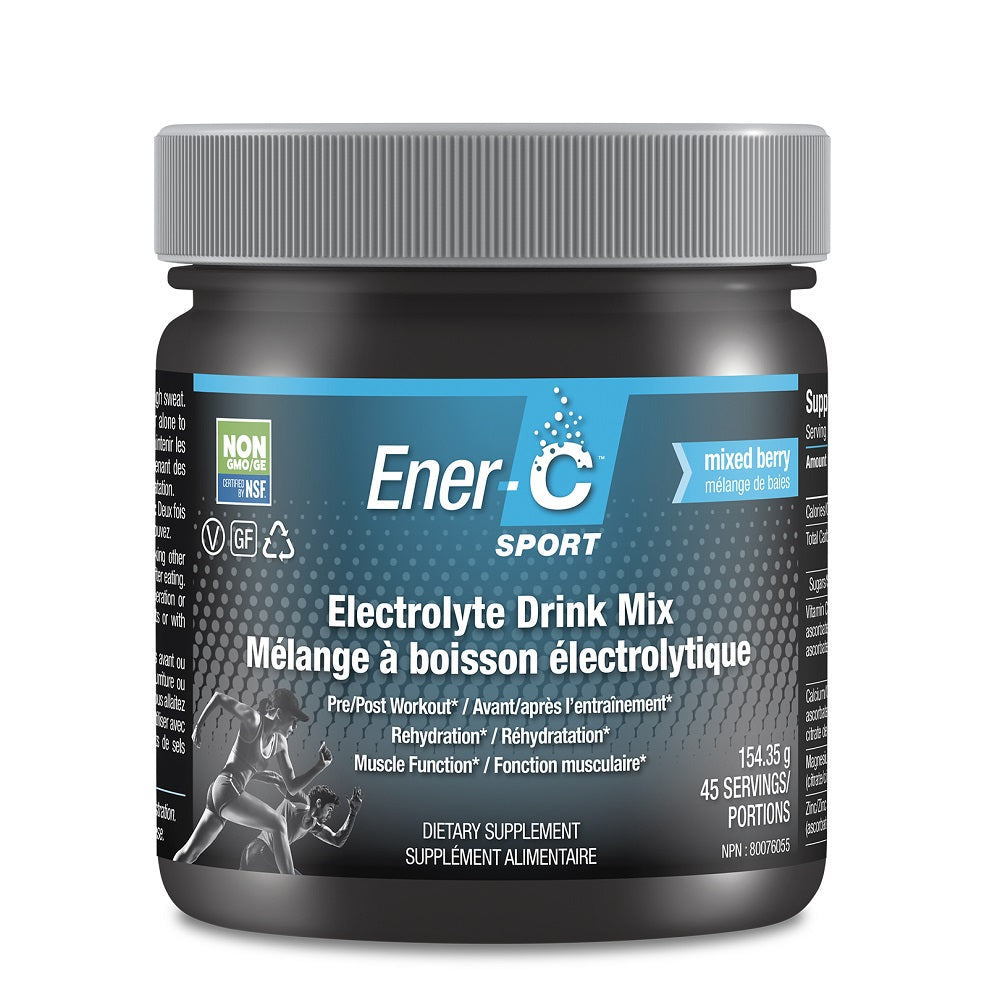 A black Ener-C Multivitamin Electrolyte Drink Mix tub, Mixed Berry flavor, with bilingual text and icons for gluten-free and non-GMO features, available at Fisa Health.
