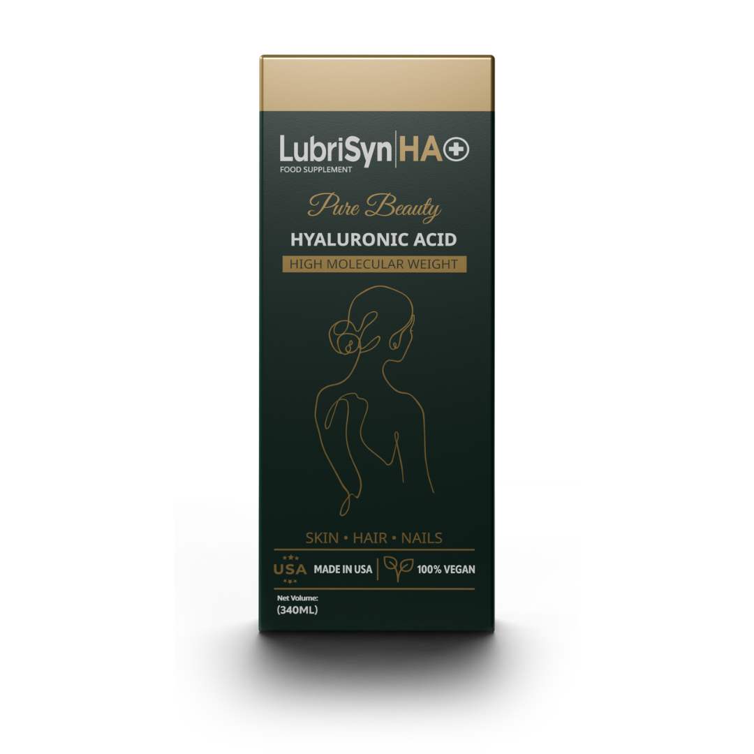 Tall dark green box labeled LubriSyn HA+ Pure Beauty 340ml, with gold outline of a woman; vegan nutricosmetic for skin, hair, and nails; made in USA, available at Fisa Health.