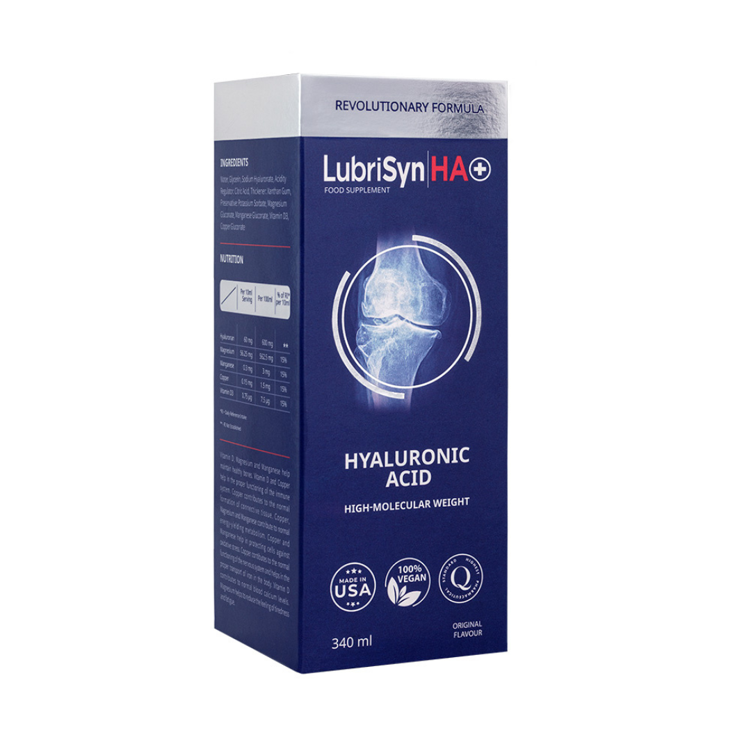 LubriSyn HA+ Original 340ml box with an image of a knee joint, featuring high molecular weight hyaluronic acid and labelled as original flavour, available at Fisa Health.