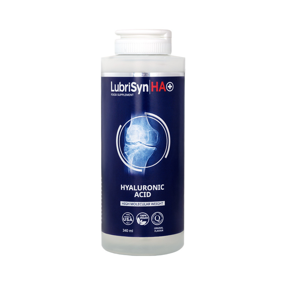 A 340ml bottle of LubriSyn HA+ Original hyaluronic acid joint supplement with a blue label featuring a knee graphic, available at Fisa Health.