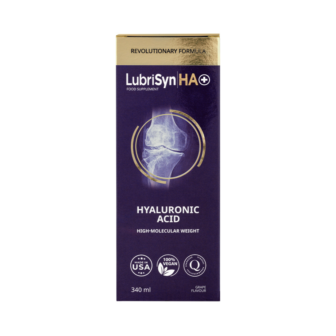 Front of LubriSyn HA+ Grape 340ml box showing grape flavor, vegan and USA-made icons, product details, and an illustration of a joint, available at Fisa Health.