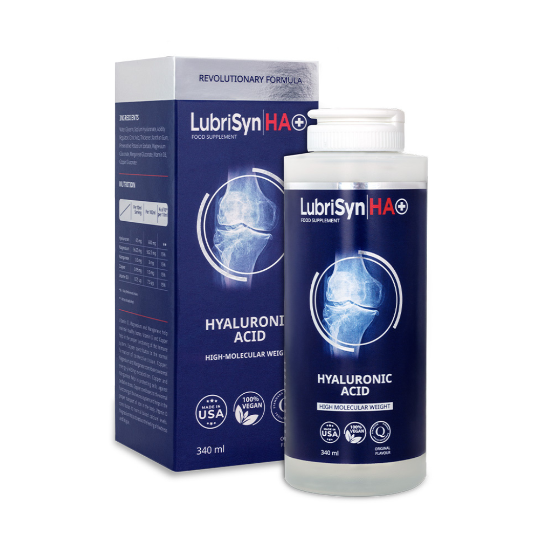A 340ml bottle and box of LubriSyn HA+ Original featuring blue packaging, a knee joint graphic, and white product details, available at Fisa Health.