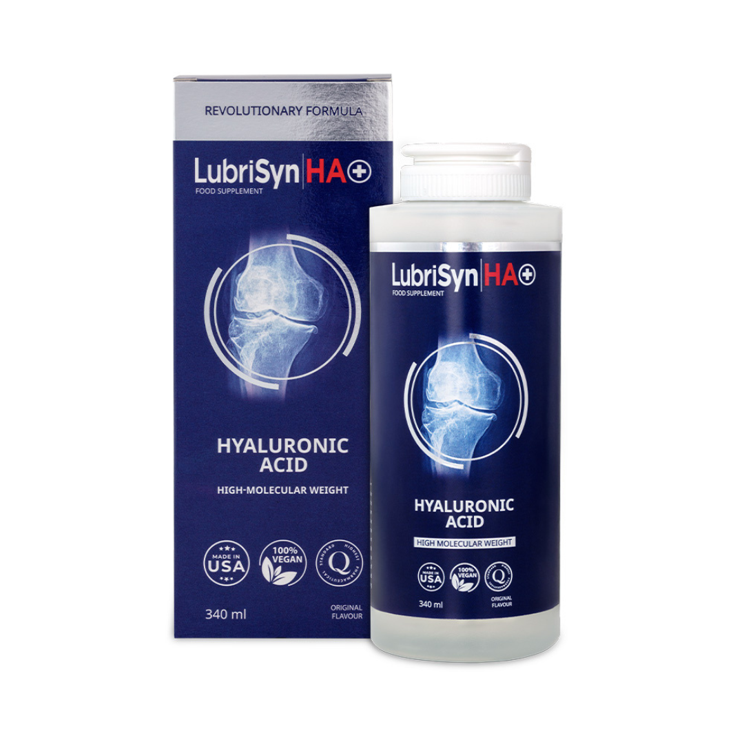 LubriSyn HA+ Original 340ml bottle featuring high-molecular weight, vegan hyaluronic acid. Made in the USA, available at Fisa Health.