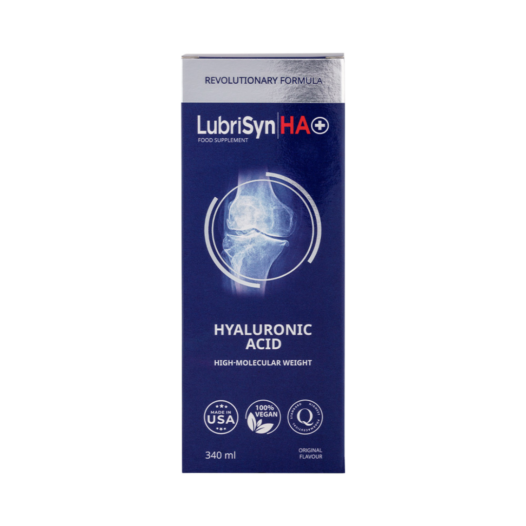 A blue box of LubriSyn HA+ Original 340ml, a USA-made vegan supplement featuring high molecular weight hyaluronic acid, available at Fisa Health.