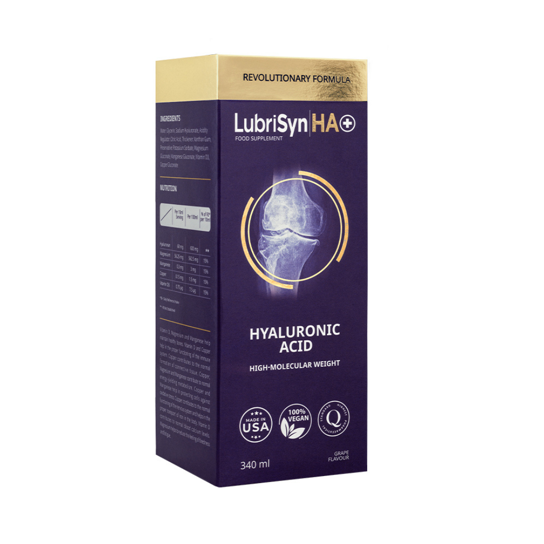 LubriSyn HA+ Grape 340ml, a vegan, USA-made hyaluronic acid supplement bottle featuring a knee joint graphic and grape flavor label, available at Fisa Health.