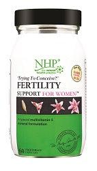 A bottle of Natural Health Practice Advanced Fertility Support for Women 60 Capsules, with a white cap and pink floral label design, available at Fisa Health.