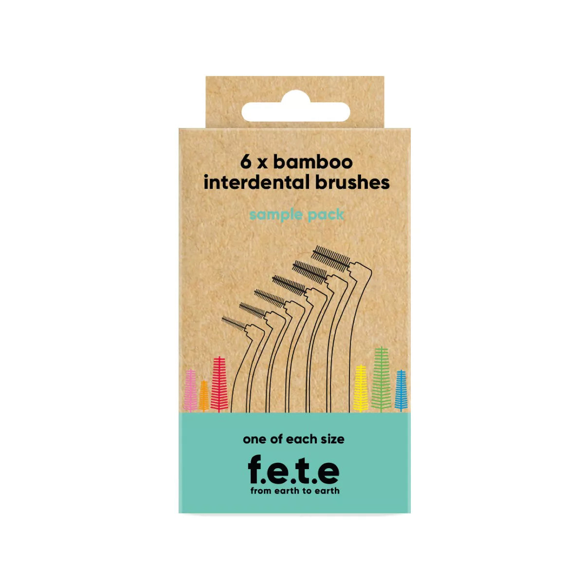A cardboard box labeled F.E.T.E. Bamboo Interdental Brushes - Sample Pack, featuring eco-friendly designs and images of six assorted brush sizes and colors, available at Fisa Health.
