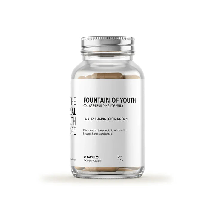 Fountain Of Youth - Collagen Building Formula (90 capsules) shown in a bottle with plant-based extracts packaging, available at Fisa Health.