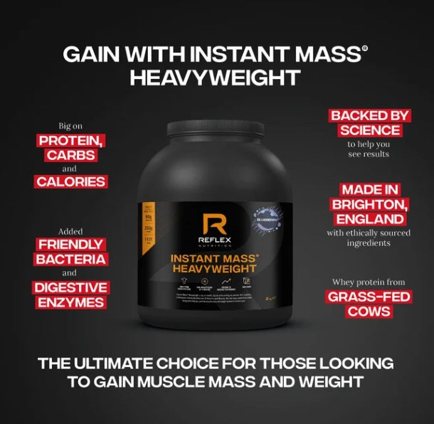 Reflex Nutrition Instant Mass Heavyweight 2kg protein shake tub, featuring carbs, enzymes, and grass-fed whey formula, made in England, available at Fisa Health.