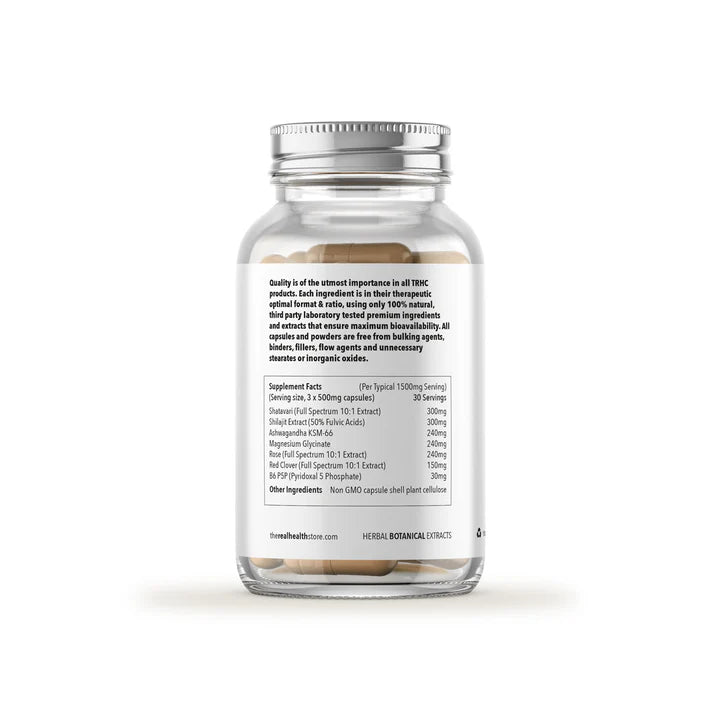 A clear bottle of Health Goddess - Female Vitality Formula (90 Caps) with a white label and black text, featuring Ayurvedic herbs, available at Fisa Health.