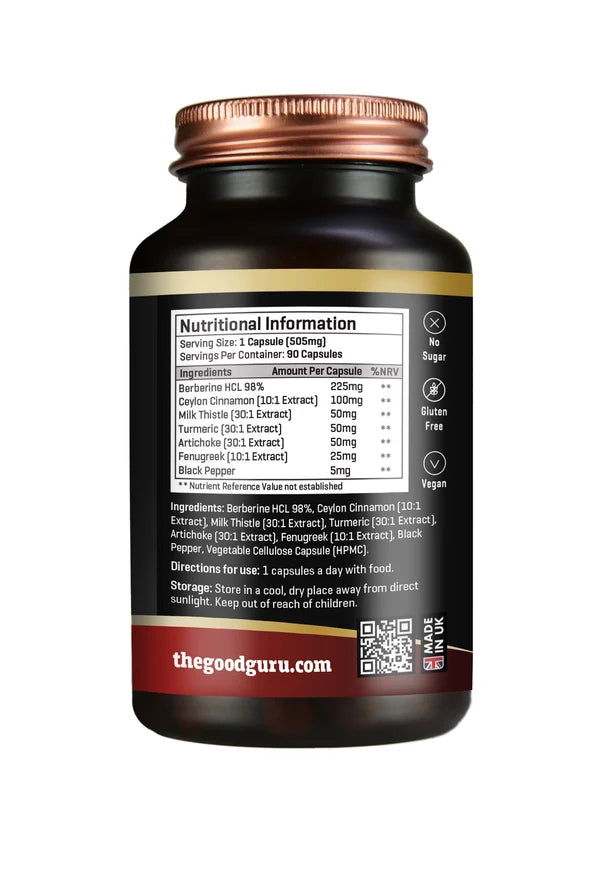 Amber glass bottle of The Good Guru High Strength Berberine HCL 98% 90 capsules, showing a nutrition label with ingredient amounts and usage instructions, available at Fisa Health.