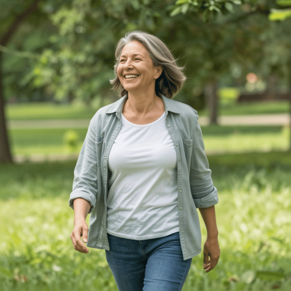 A smiling woman with gray hair enjoys a sunny day in the park while holding Menopause bundle supplements, available at Fisa Health.