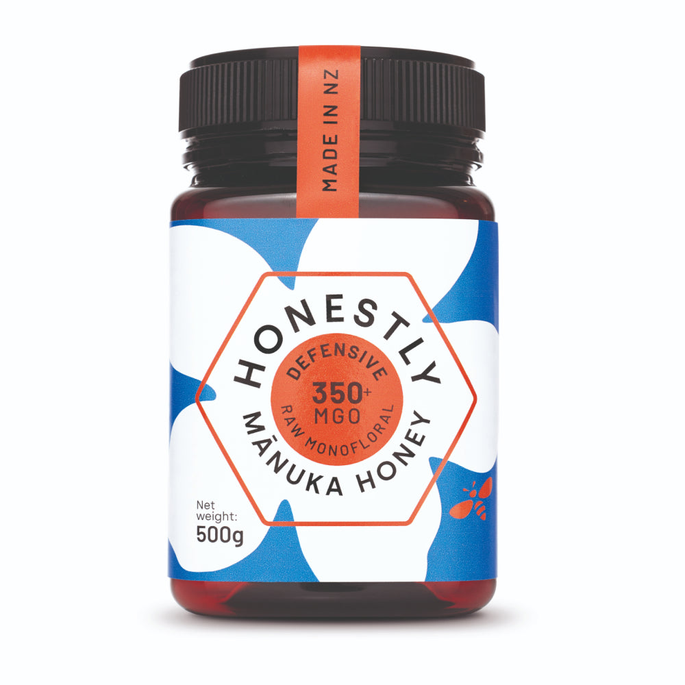 A jar of Honestly Manuka Premium Raw Manuka Honey 350+ with a blue and white floral pattern label, available at Fisa Health.
