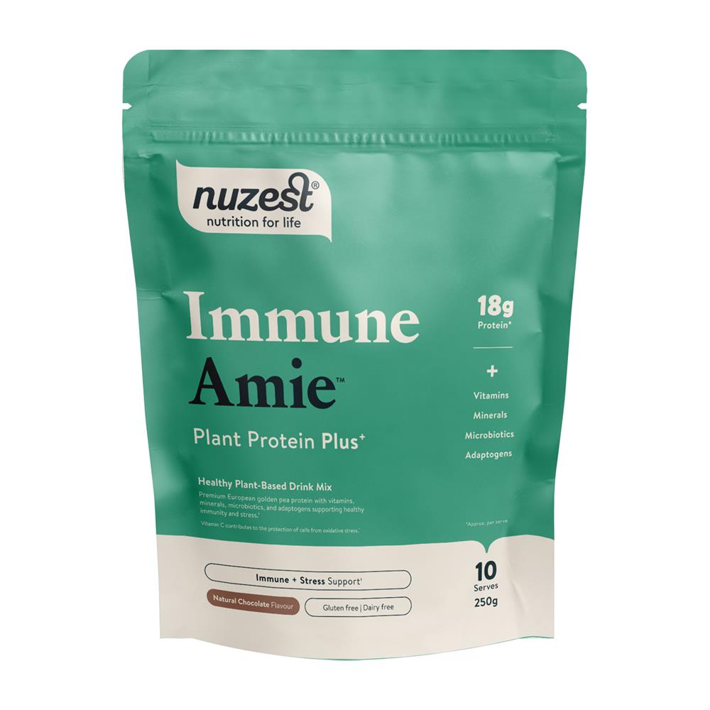 A green and beige bag of Nuzest Protein Plus Immune Amie Chocolate 300g, a plant-based protein drink mix from Nuzest, available at Fisa Health.