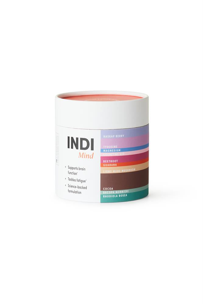 A white INDI Mind Superfood Brain Powder (28 servings, 170g) displays ingredients like beetroot, cocoa, CoQ10, and rhodiola rosea on the packaging, available at Fisa Health.