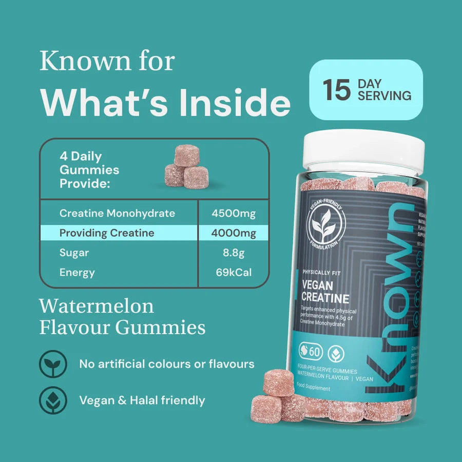 A bottle of Known Nutrition Vegan Creatine Gummies, 60 pack, 4.5g creatine monohydrate, next to a nutritional information chart and three creatine monohydrate supplements, available at Fisa Health.