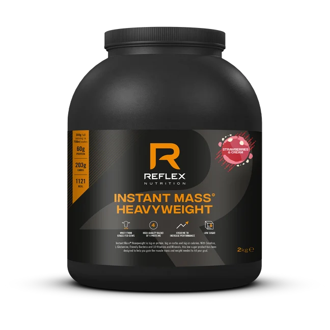 Reflex Nutrition Instant Mass Heavyweight 2kg in a black tub with an orange and white label, available at Fisa Health.
