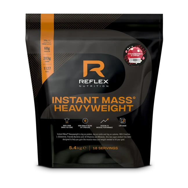 A 5.4kg Reflex Nutrition Instant Mass Heavyweight protein powder bag in black and orange with branding and product details on the front, available at Fisa Health.