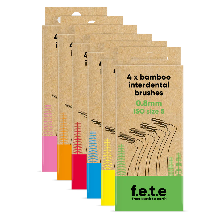 F.E.T.E. Bamboo Interdental Brushes, 6-pack in assorted colors, 0.8mm (ISO 5), shown in eco-friendly packaging, available at Fisa Health.