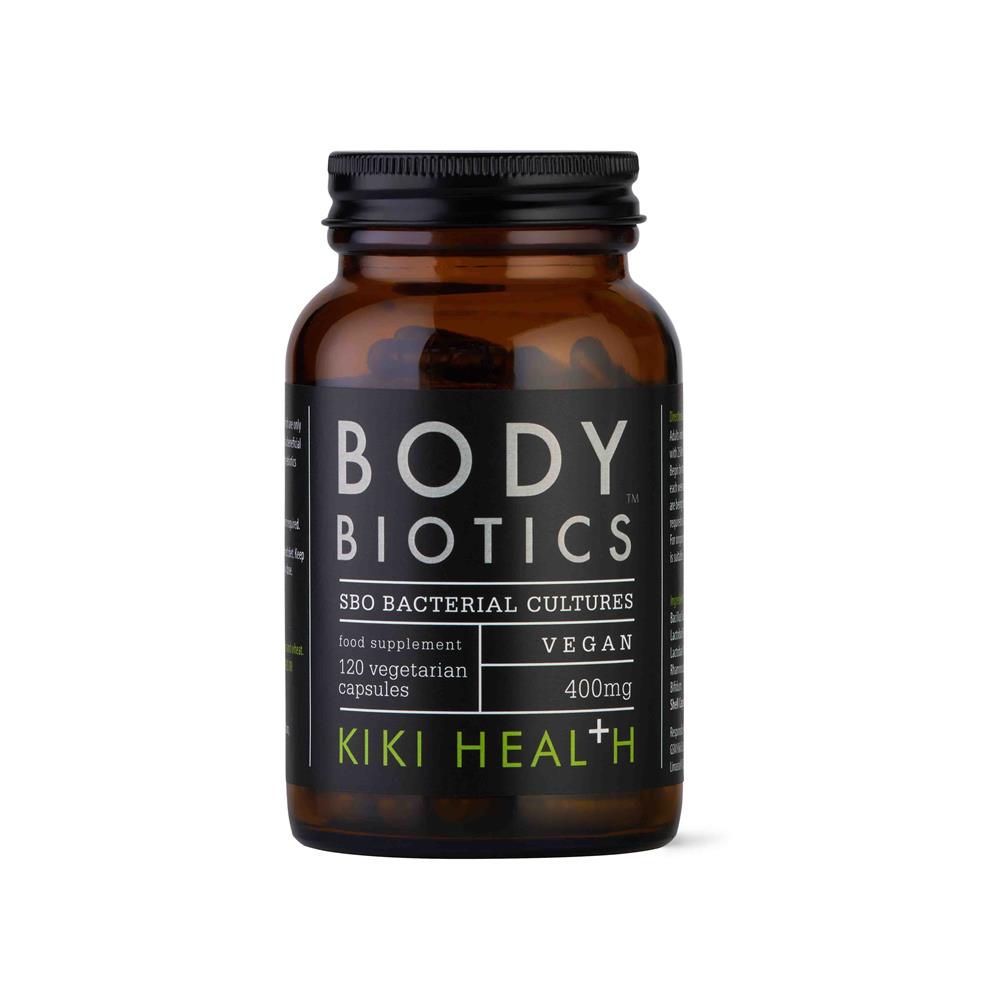 A brown glass bottle labeled "Body Biotics SBO Probiotic Formula 120 Vegicaps" by KIKI Health, featuring vegan prebiotics and friendly bacteria with SBO cultures, available at Fisa Health.