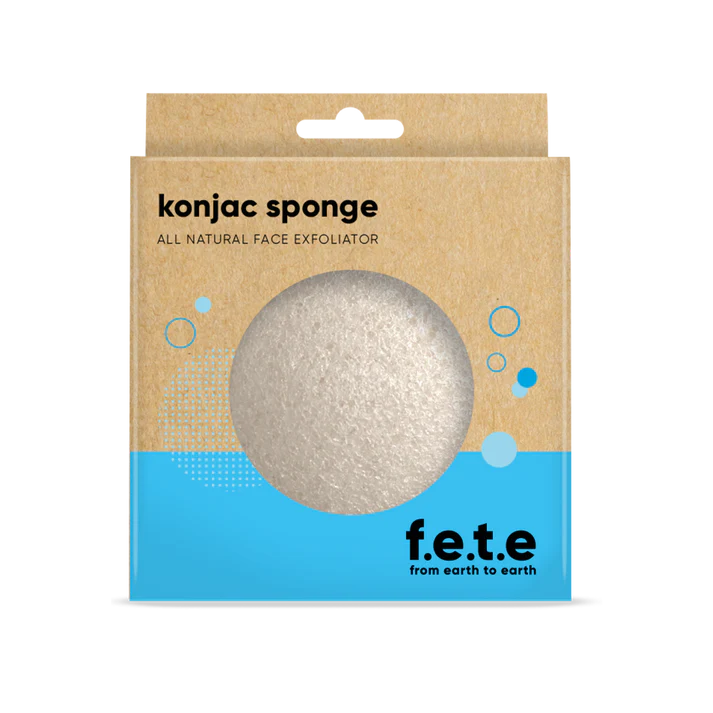 The F.E.T.E. Konjac Sponge Single Pack is an eco-friendly face exfoliator in brown and blue packaging with a circular window displaying the sponge, available at Fisa Health.