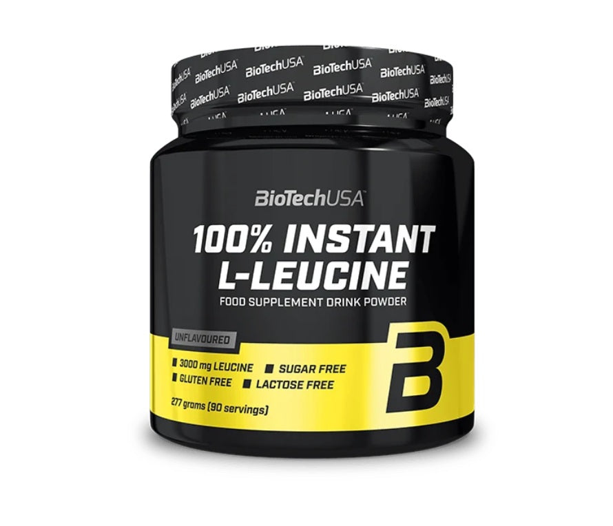 BioTechUSA 100% Instant L-Leucine, 277g unflavored BCAA powder in a black and yellow container; sugar, gluten and lactose free; labeled rich in essential amino acids, available at Fisa Health.