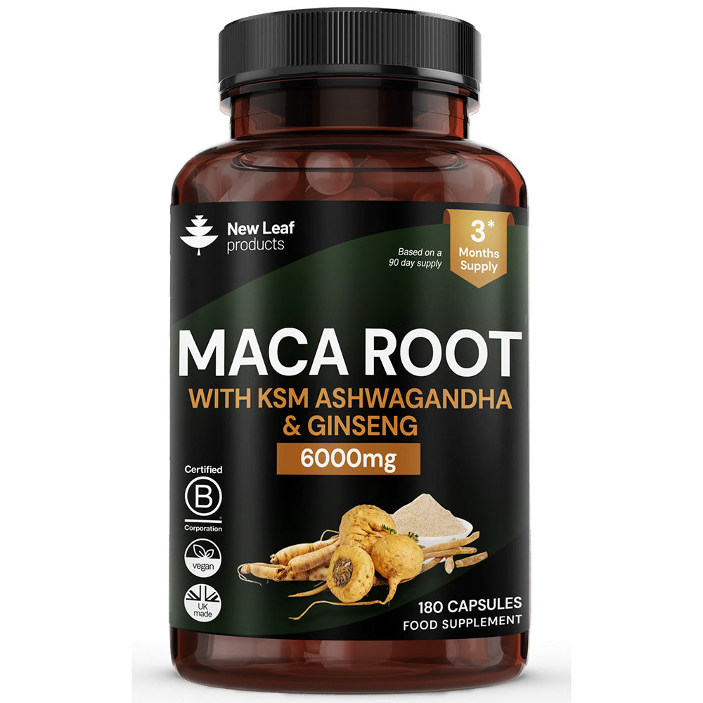 A brown bottle of New Leaf Products Maca Root + KSM-66 Ashwagandha and Ginseng 6000mg, 180 vegan capsules, with ginseng roots and supplement icons on the label, available at Fisa Health.