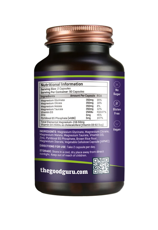 A brown The Good Guru Magnesium Complex 90 Capsules bottle with a label listing nutritional information, ingredients, and icons for no sugar, gluten-free, and vegan, available at Fisa Health.