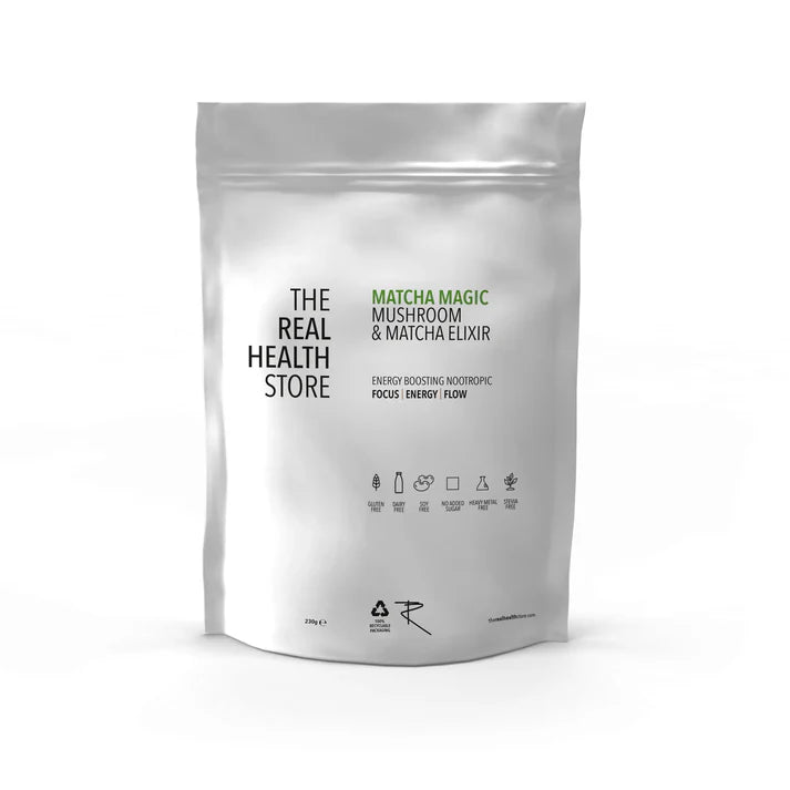 A white resealable pouch labeled Matcha Magic (Matcha & Mushroom) Elixir 230g, featuring icons for energy, focus, and flow, available at Fisa Health.