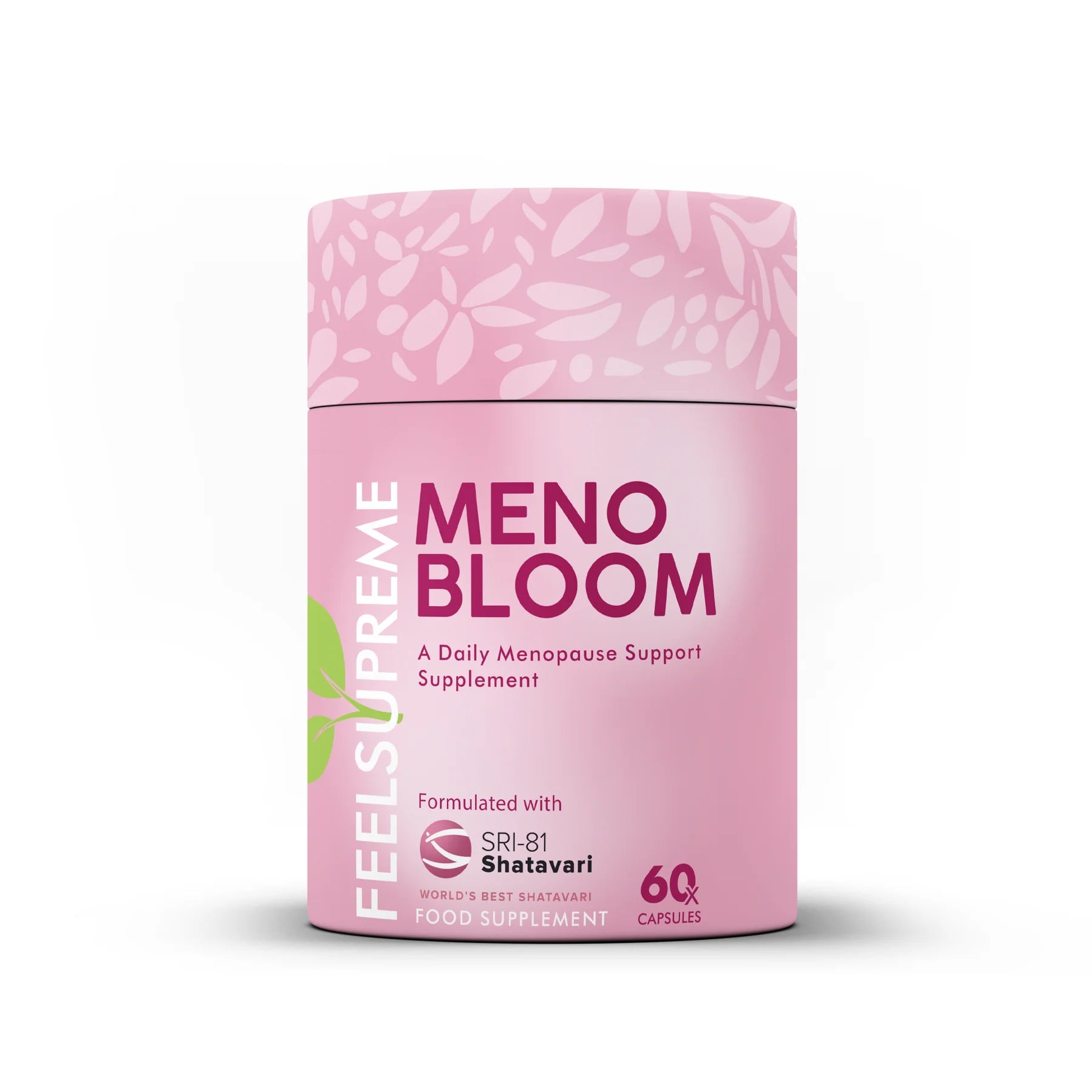 A pink Feel Supreme container labeled "Meno Bloom | Menopausal & Hormonal Transition Support 60 caps" with leaf patterns and white text, available at Fisa Health.