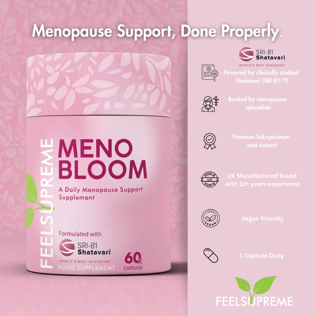 A pink Feel Supreme Meno Bloom bottle with 60 capsules is shown, featuring Shatavari and daily dose icons against a pink floral background, available at Fisa Health.