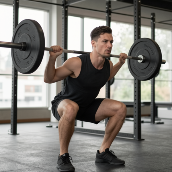 A man in athletic wear performs a barbell squat in a gym near the Muscle Building Bundle, available at Fisa Health.