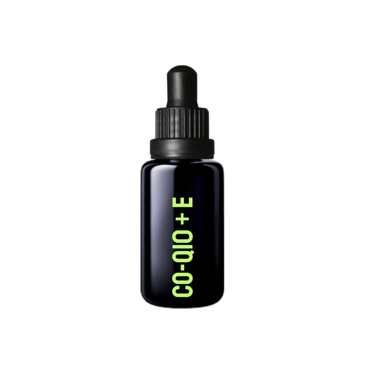 A dark glass dropper bottle with a black cap, featuring the label "Mycell Inside CoQ10 + Vitamin E" in yellow-green vertical text on the front, available at Fisa Health.