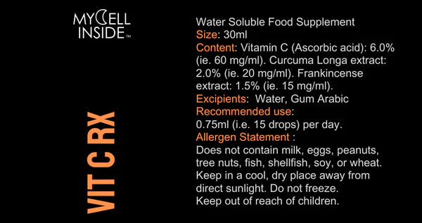 The Mycell Inside Vitamin C label displays images of turmeric and frankincense, with dosage, ingredient, allergen, and storage details on a black background with orange and white text, available at Fisa Health.
