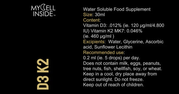 Mycell Inside Vitamin D3 & K2 with MyCell Technology packaging. White and yellow text displays ingredients, dosage, storage, and allergen information, available at Fisa Health.